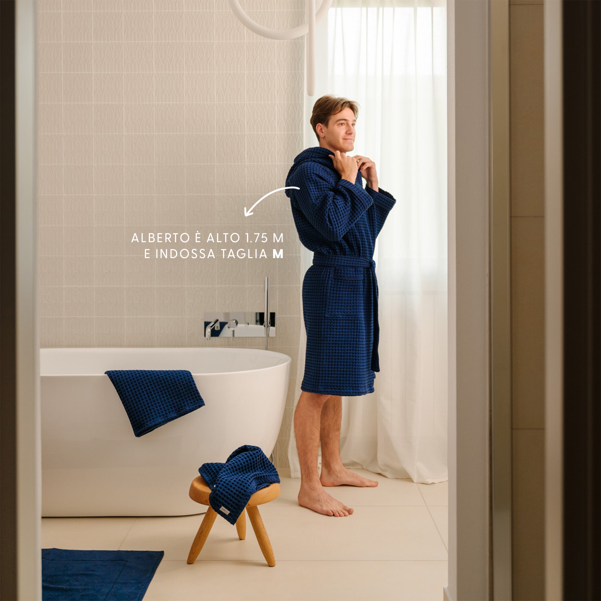 Accappatoio Uomo In Cotone Leggero - Motivo Nido D'ape, Con Cappuccio E Tasche - Foto 6